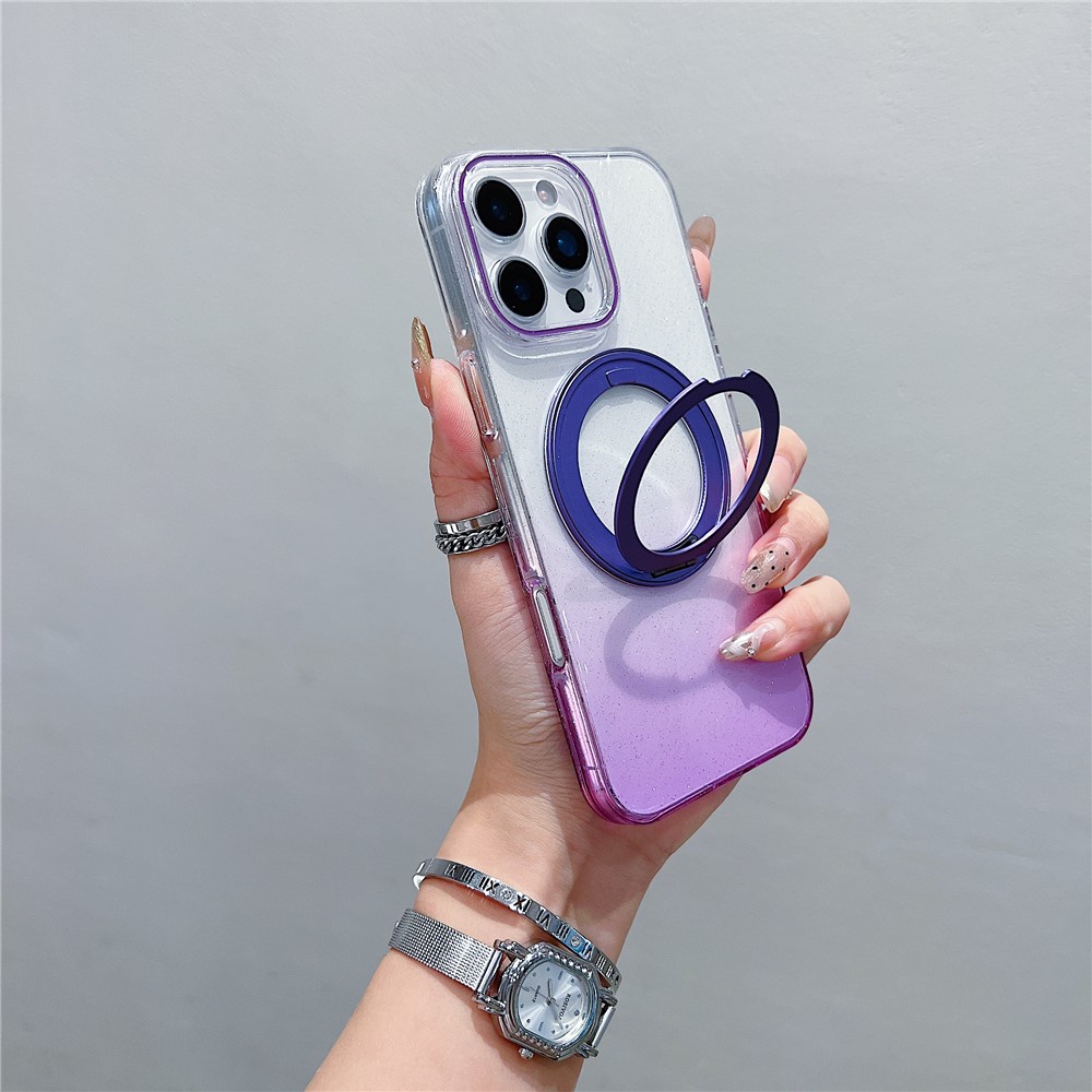 For iPhone 16 Pro Magnetic Case 360 Rotating Ring Kickstand Gradient Clear TPU Phone Back Cover - Purple