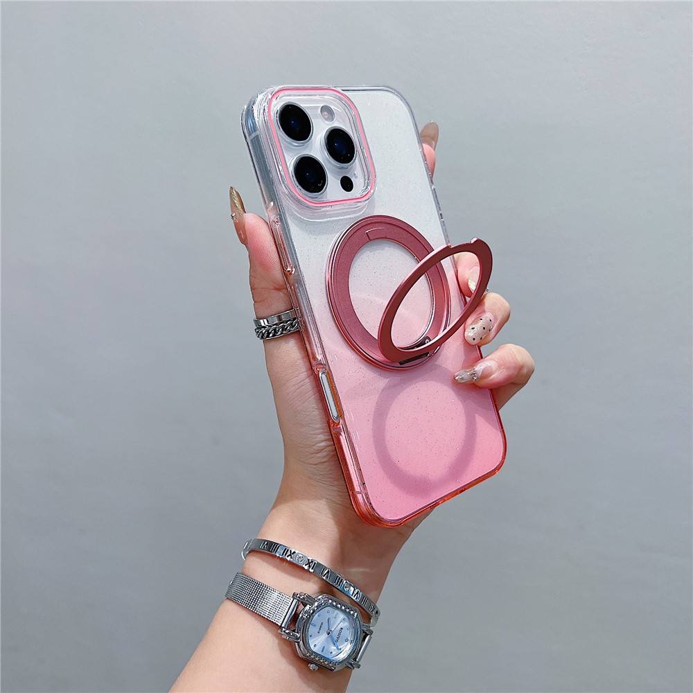 For iPhone 16 Pro Max Magnetic Case 360 Rotating Ring Kickstand Gradient Clear TPU Phone Back Cover - Pink