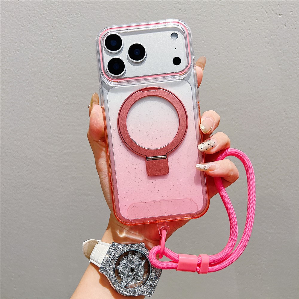 For iPhone 17 Pro Magnetic Case Kickstand Gradient Clear TPU Phone Back Cover with Wrist Strap - Pink