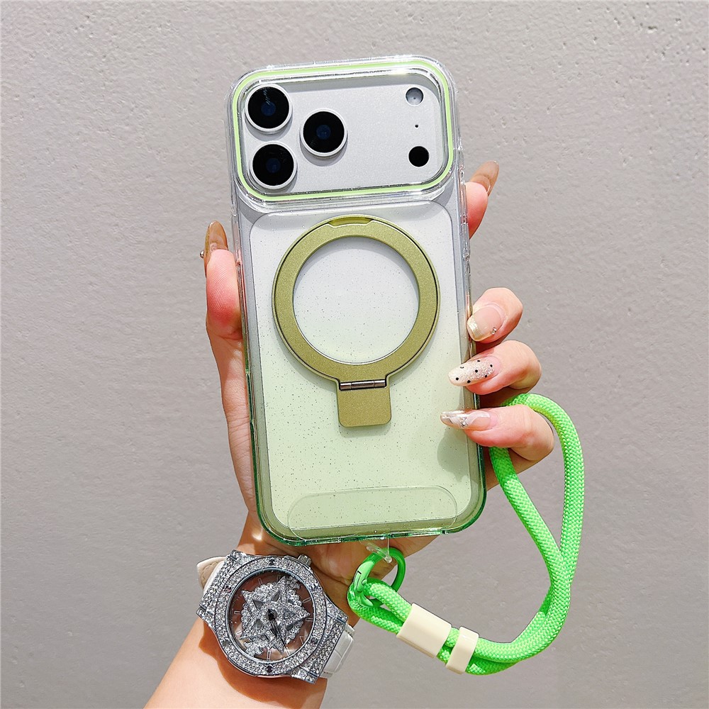 For iPhone 17 Pro Magnetic Case Kickstand Gradient Clear TPU Phone Back Cover with Wrist Strap - Green