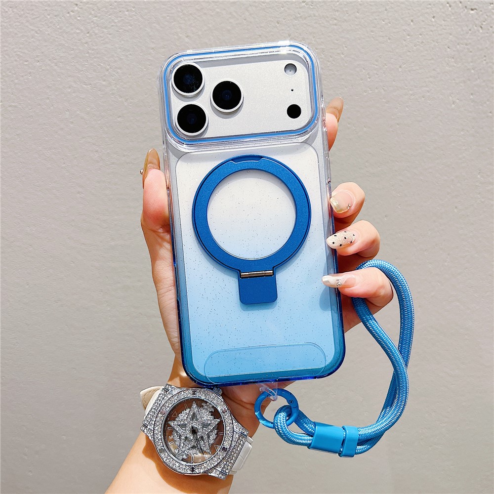 For iPhone 17 Pro Magnetic Case Kickstand Gradient Clear TPU Phone Back Cover with Wrist Strap - Blue