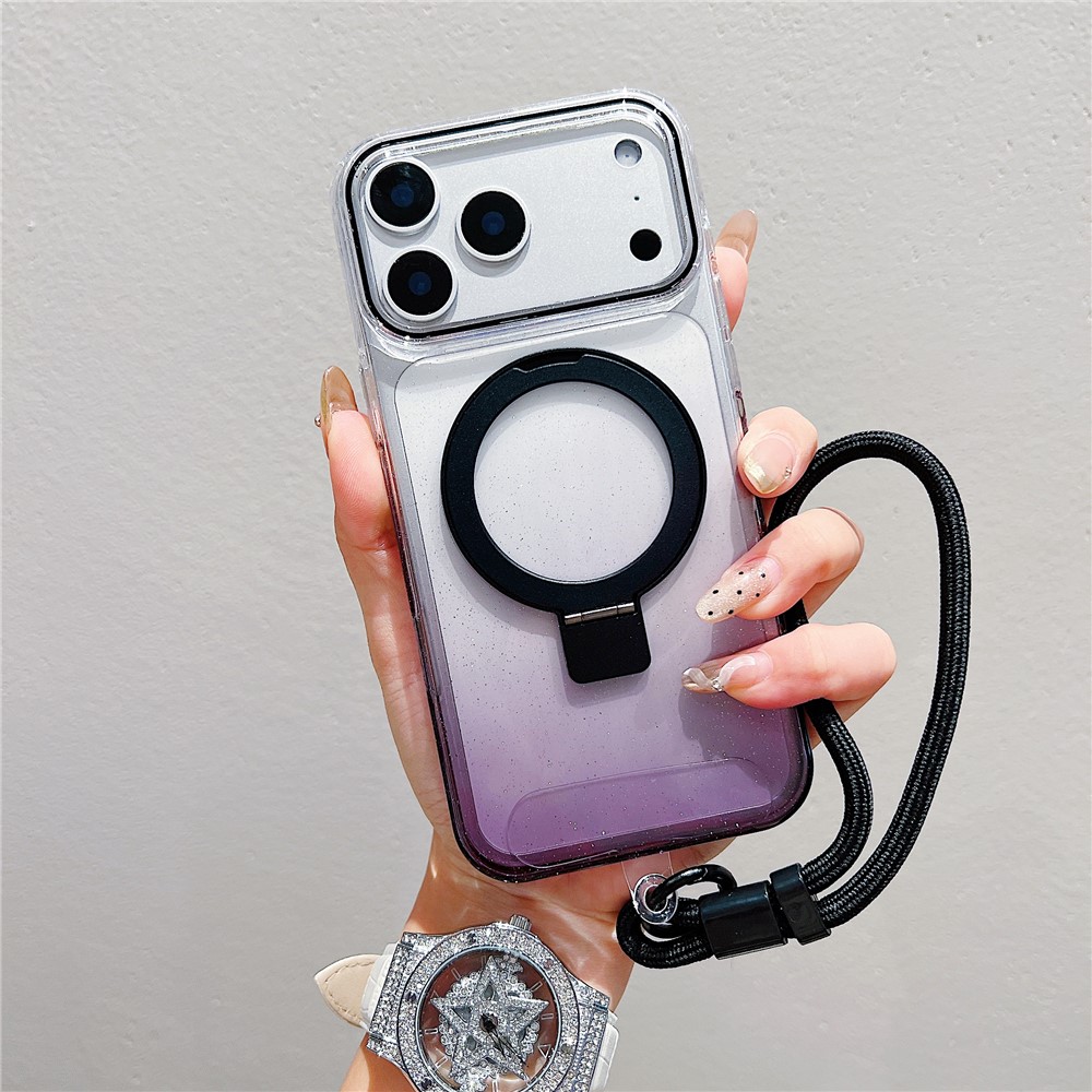 For iPhone 17 Pro Max Magnetic Case Kickstand Gradient Clear TPU Phone Back Cover with Wrist Strap - Black