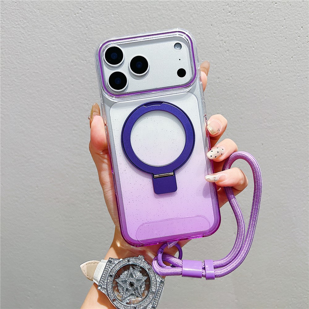 For iPhone 17 Pro Max Magnetic Case Kickstand Gradient Clear TPU Phone Back Cover with Wrist Strap - Purple