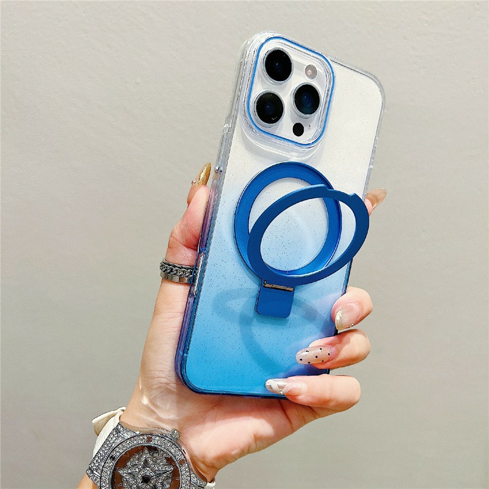 For iPhone 16 Pro Magnetic Case Kickstand Gradient Clear TPU Phone Back Cover - Blue