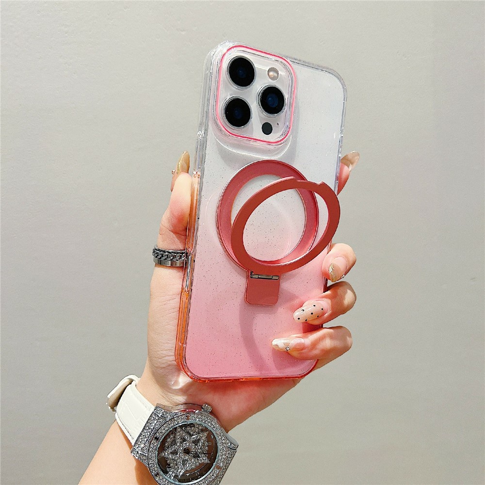 For iPhone 16 Pro Max Magnetic Case Kickstand Gradient Clear TPU Phone Back Cover - Pink
