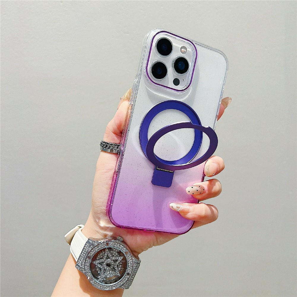 For iPhone 16 Pro Max Magnetic Case Kickstand Gradient Clear TPU Phone Back Cover - Purple