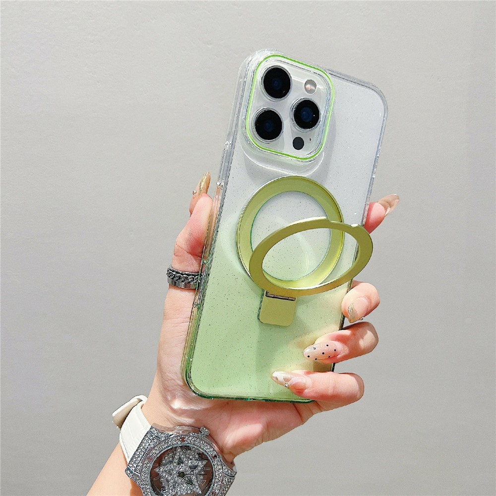 For iPhone 16 Pro Max Magnetic Case Kickstand Gradient Clear TPU Phone Back Cover - Green