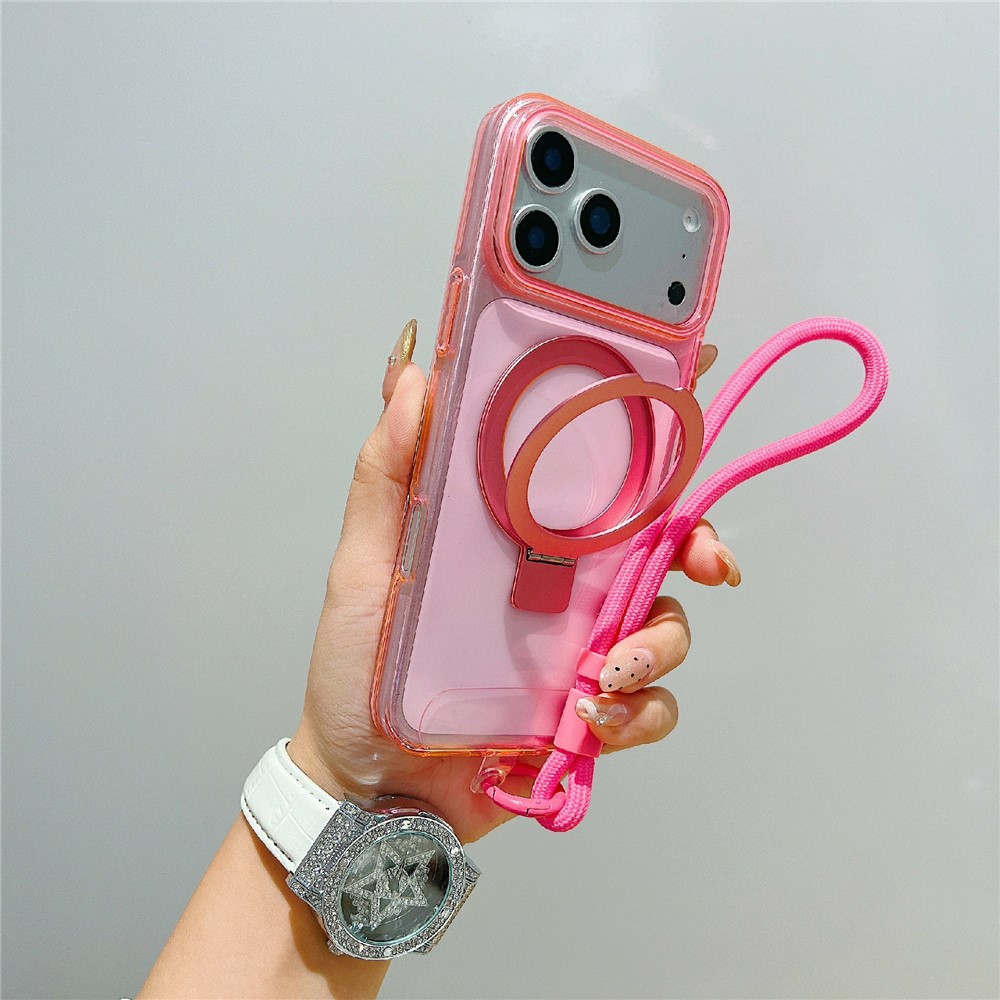 For iPhone 17 Pro Magnetic Case Kickstand Clear TPU Phone Back Cover with Wrist Strap - Pink