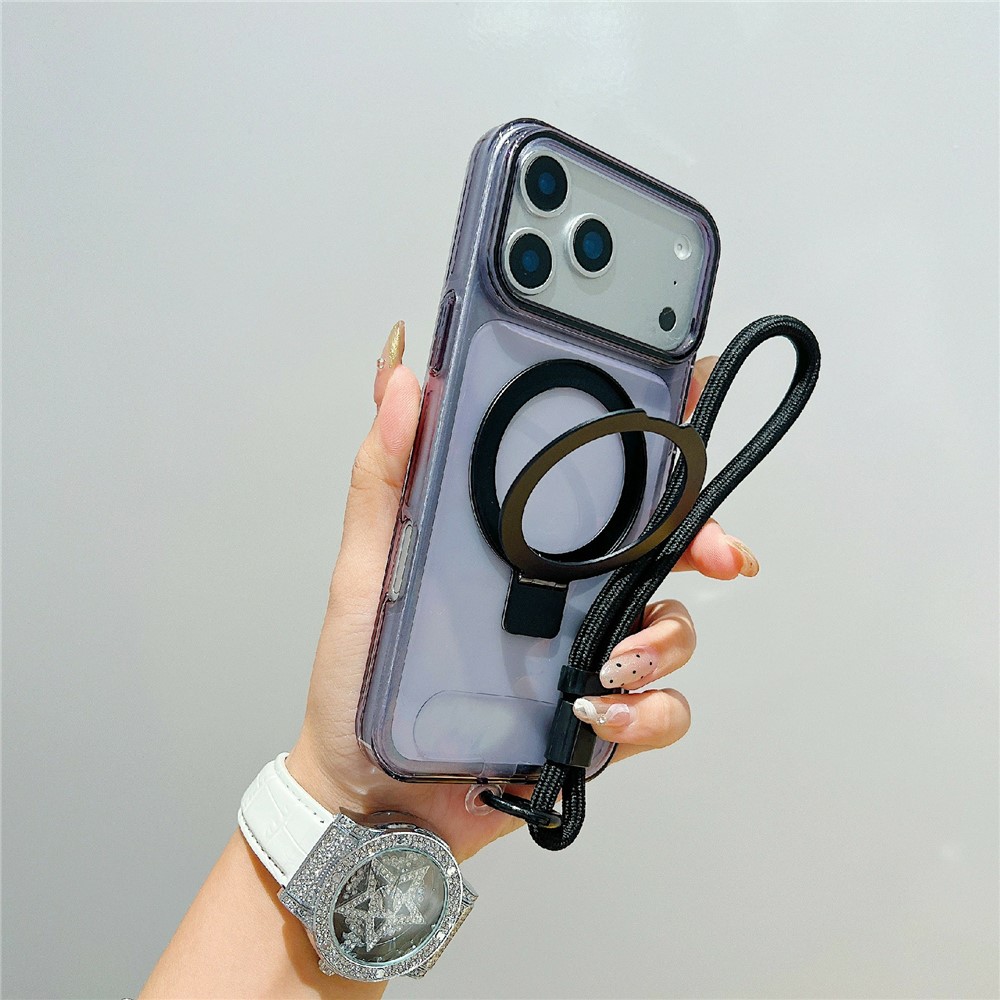 For iPhone 17 Pro Magnetic Case Kickstand Clear TPU Phone Back Cover with Wrist Strap - Black