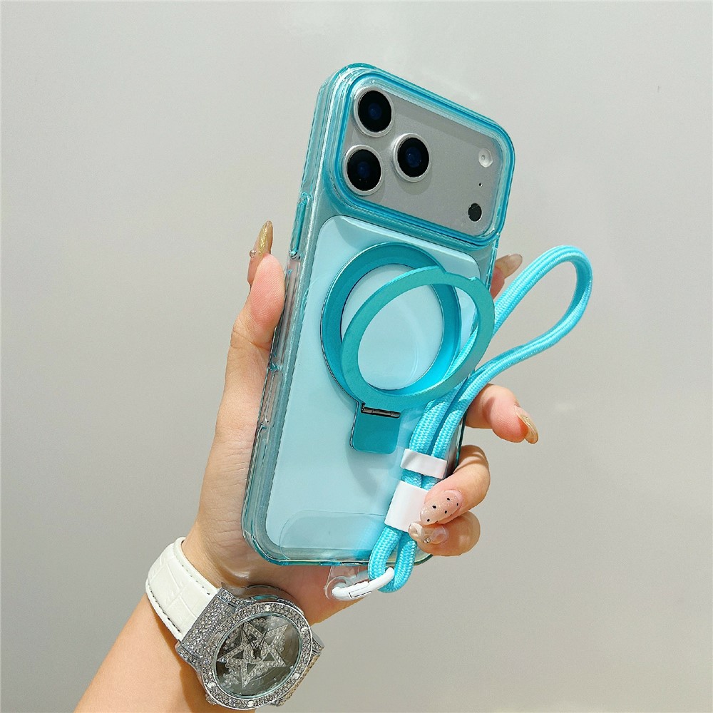 For iPhone 17 Pro Max Magnetic Case Kickstand Clear TPU Phone Back Cover with Wrist Strap - Blue