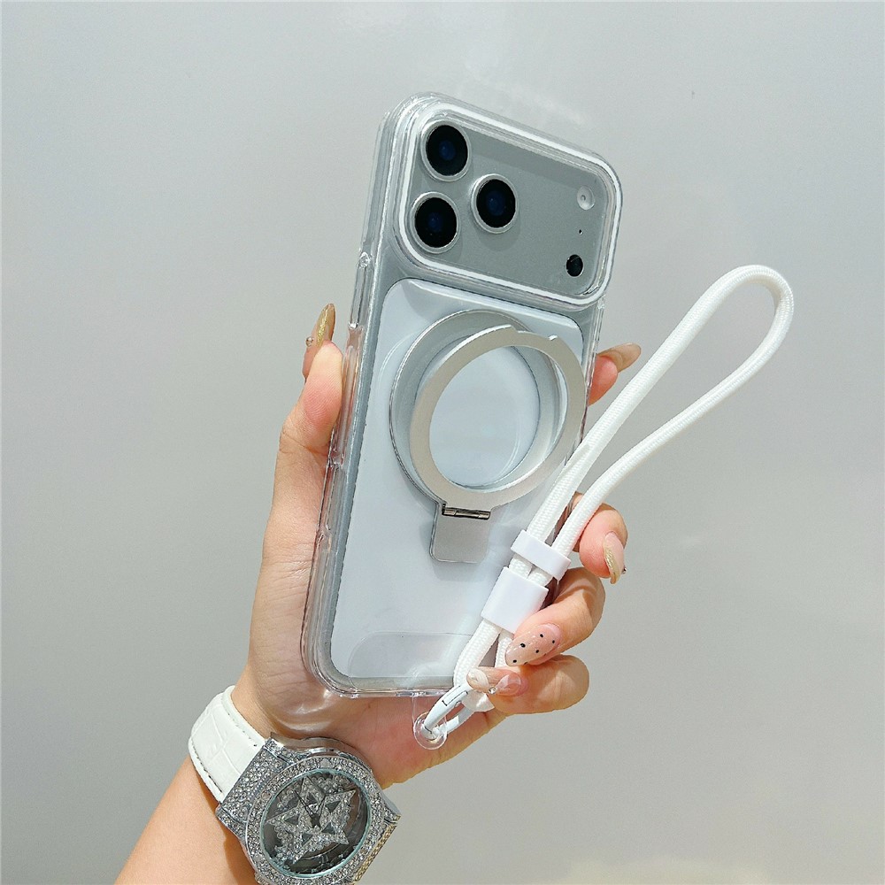For iPhone 17 Pro Max Magnetic Case Kickstand Clear TPU Phone Back Cover with Wrist Strap - Silver