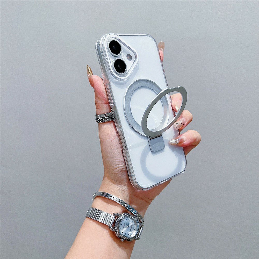 For iPhone 17 Magnetic Case Kickstand Clear TPU Phone Back Cover - Silver
