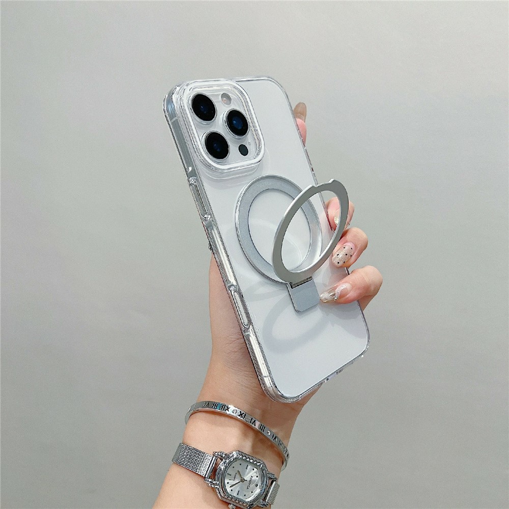 For iPhone 16 Pro Magnetic Case Kickstand Clear TPU Phone Back Cover - Silver