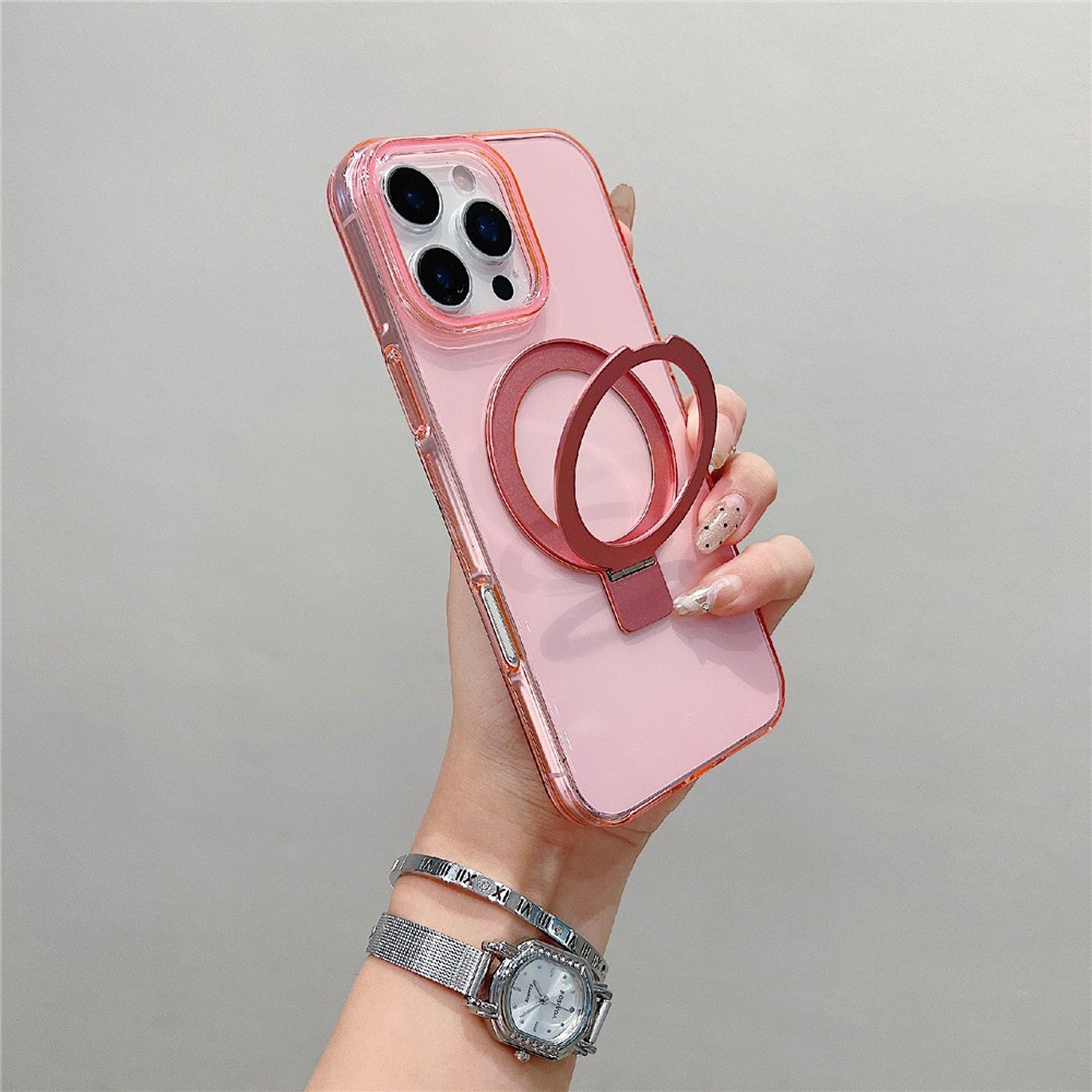 For iPhone 16 Pro Magnetic Case Kickstand Clear TPU Phone Back Cover - Pink
