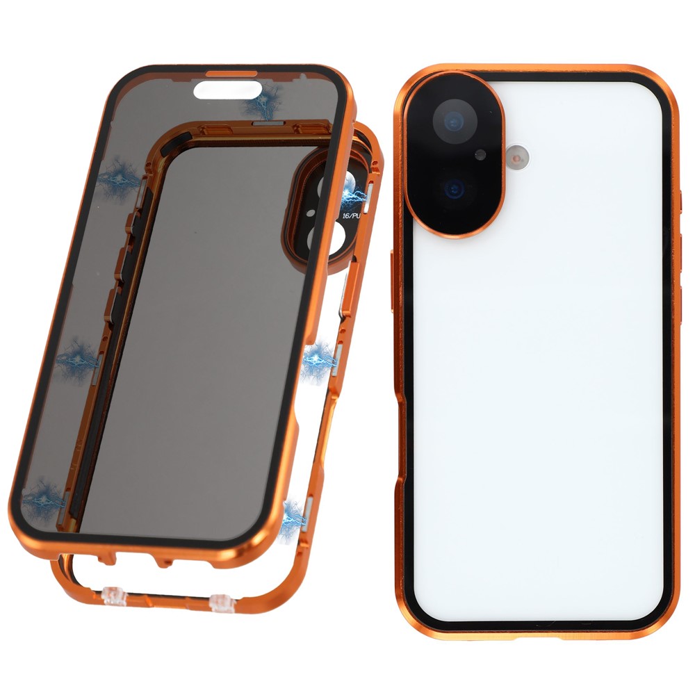 For iPhone 17 Case Anti-Spy Double-Sided Tempered Glass + Magnetic Metal Frame Phone Cover - Orange