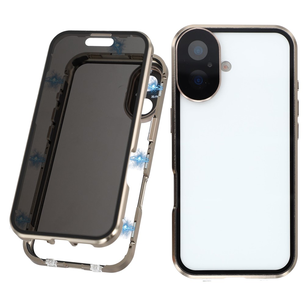 For iPhone 17 Case Anti-Spy Double-Sided Tempered Glass + Magnetic Metal Frame Phone Cover - Gold