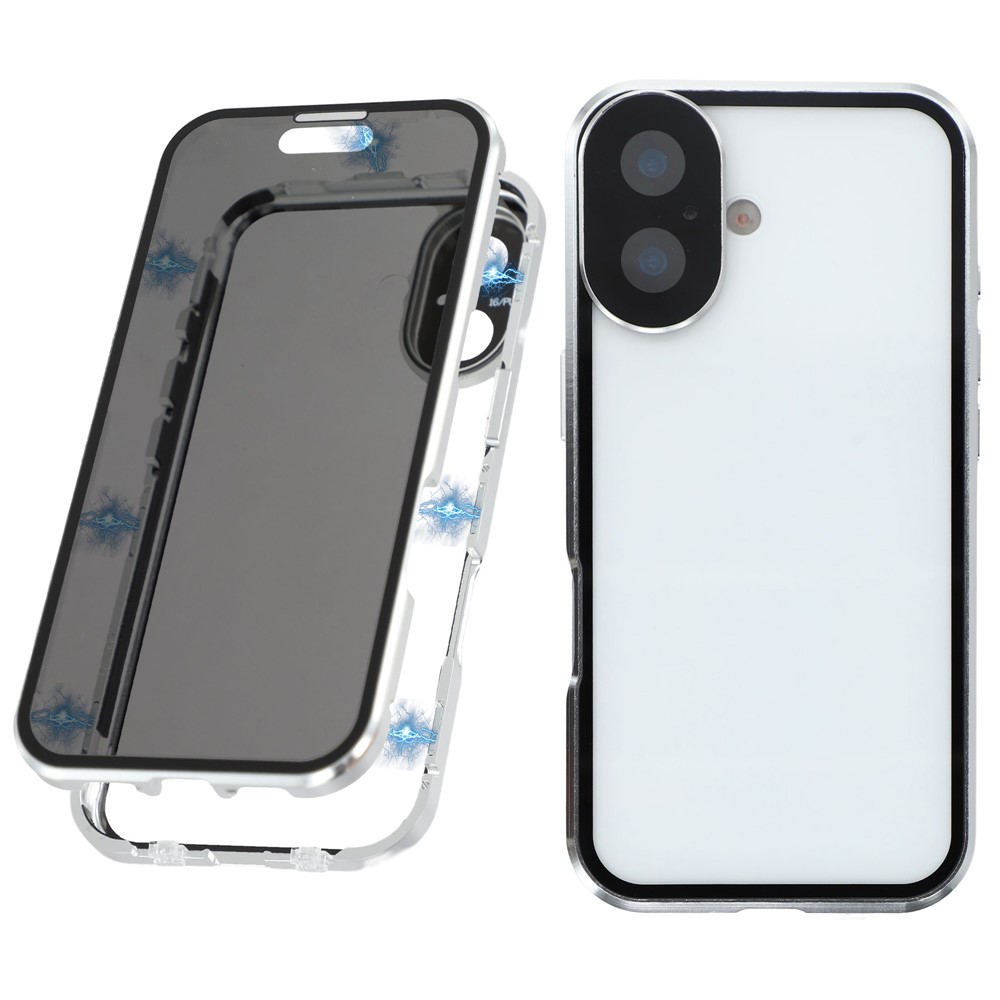 For iPhone 17 Case Anti-Spy Double-Sided Tempered Glass + Magnetic Metal Frame Phone Cover - Silver