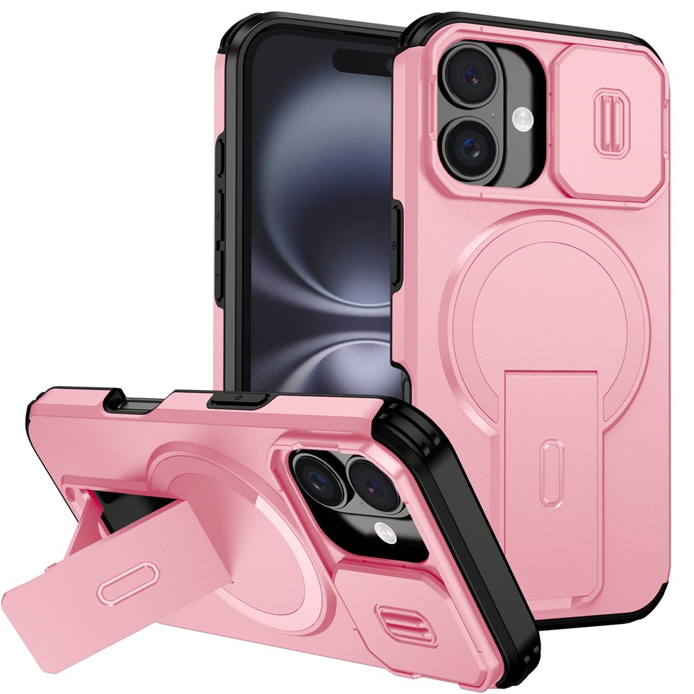 For iPhone 16 Case Kickstand Camera Slider PC + TPU Phone Cover Compatible with MagSafe - Pink