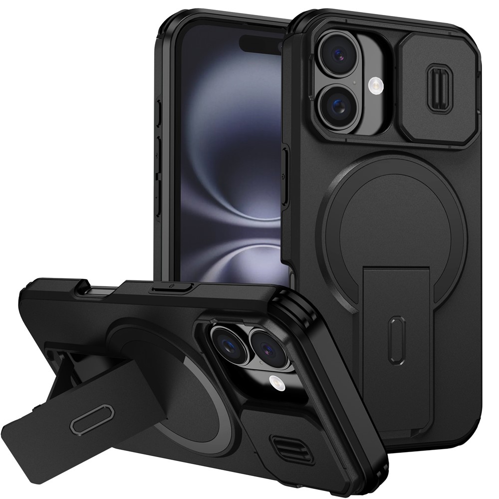 For iPhone 16 Case Kickstand Camera Slider PC + TPU Phone Cover Compatible with MagSafe - Black