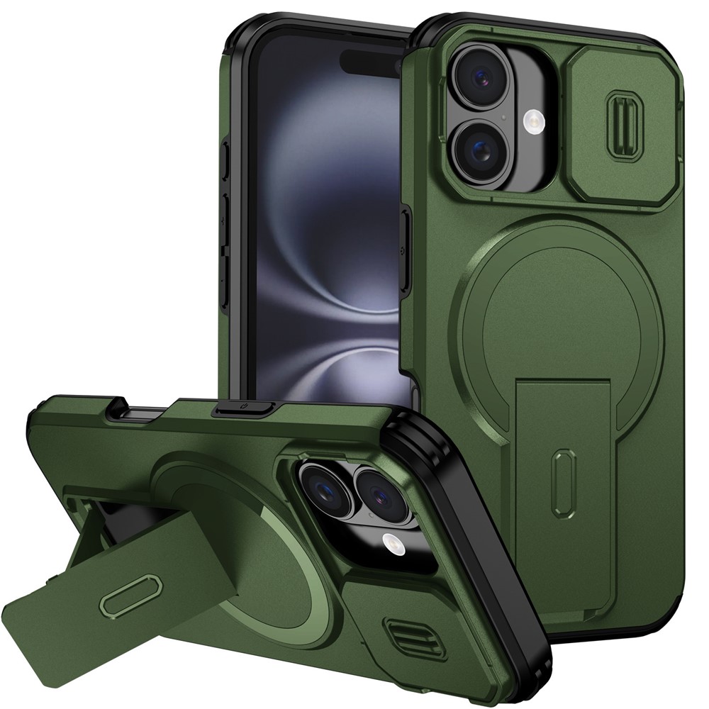For iPhone 16 Case Kickstand Camera Slider PC + TPU Phone Cover Compatible with MagSafe - Green