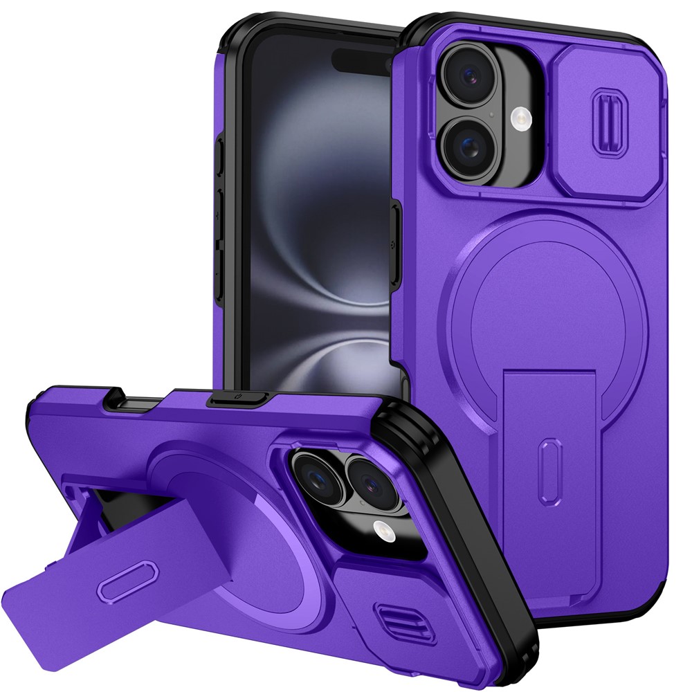 For iPhone 16 Case Kickstand Camera Slider PC + TPU Phone Cover Compatible with MagSafe - Purple