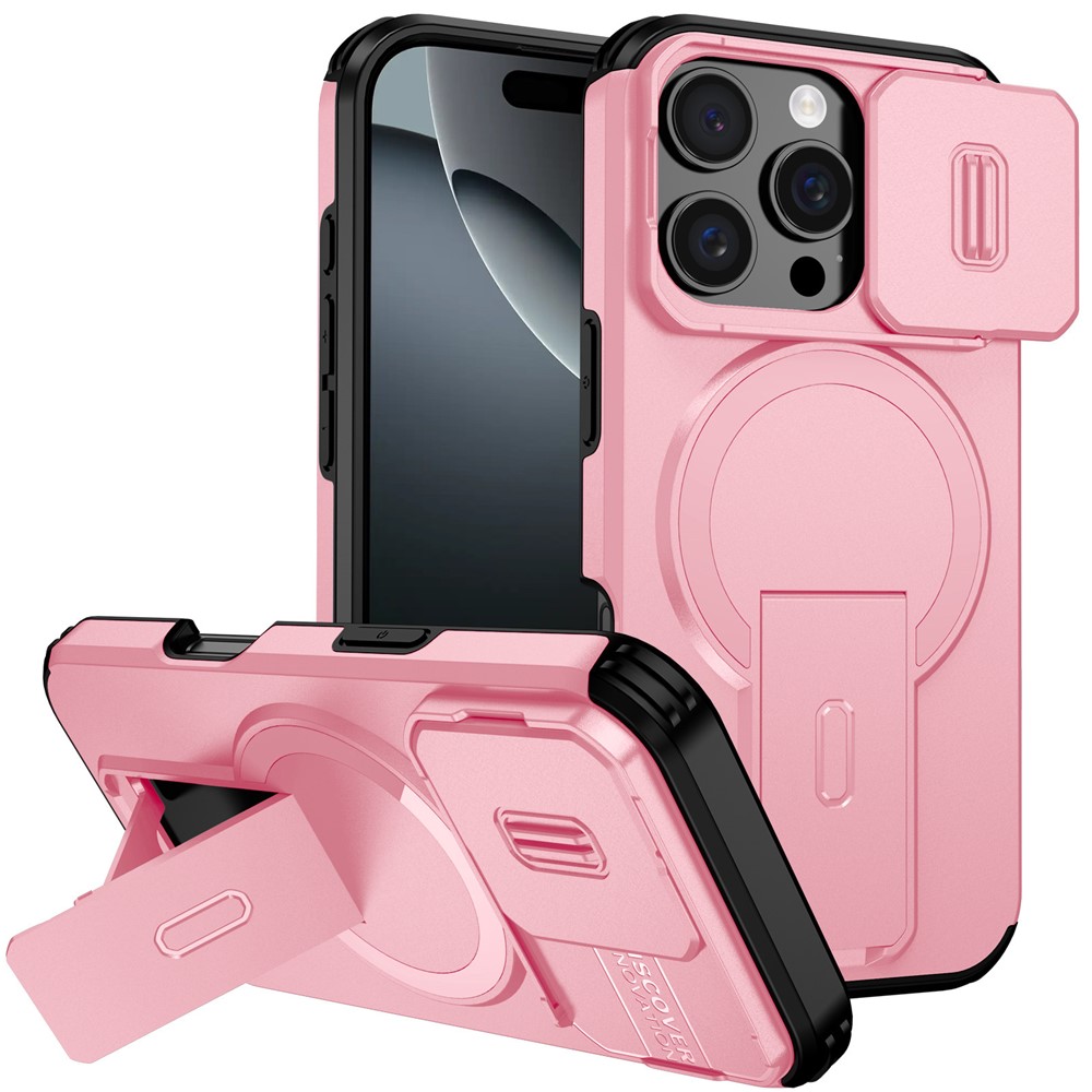 For iPhone 16 Pro Case Kickstand Camera Slider PC + TPU Phone Cover Compatible with MagSafe - Pink