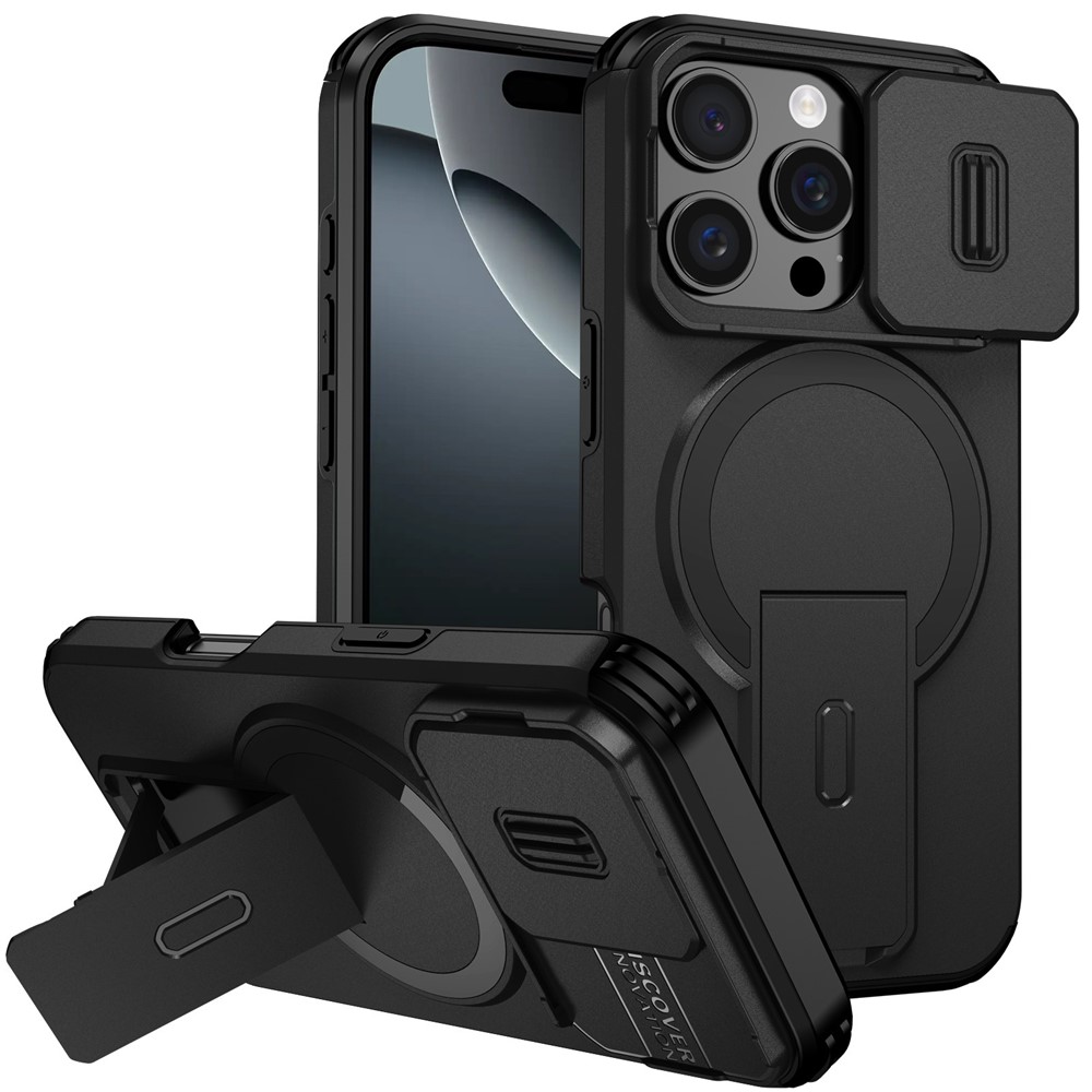 For iPhone 16 Pro Case Kickstand Camera Slider PC + TPU Phone Cover Compatible with MagSafe - Black