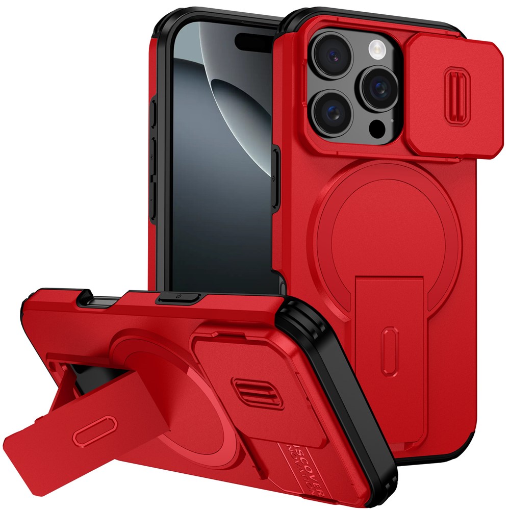 For iPhone 16 Pro Case Kickstand Camera Slider PC + TPU Phone Cover Compatible with MagSafe - Red