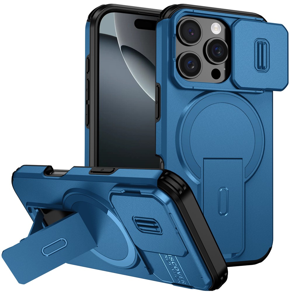 For iPhone 16 Pro Case Kickstand Camera Slider PC + TPU Phone Cover Compatible with MagSafe - Blue