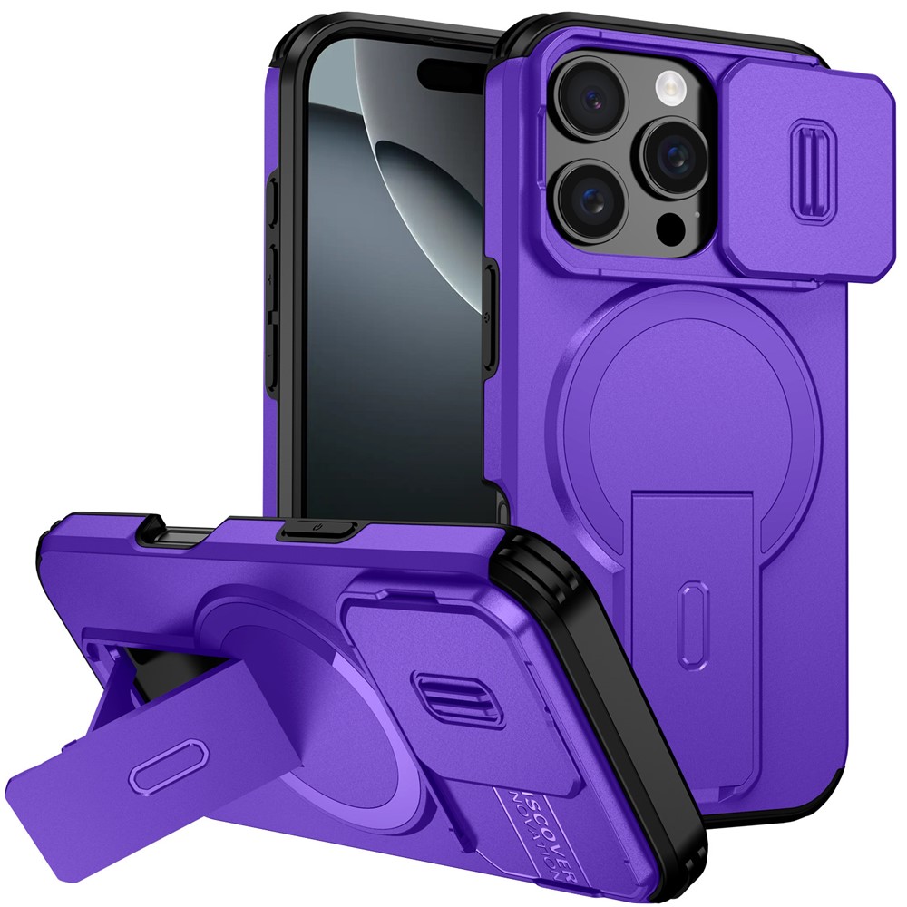 For iPhone 16 Pro Case Kickstand Camera Slider PC + TPU Phone Cover Compatible with MagSafe - Purple