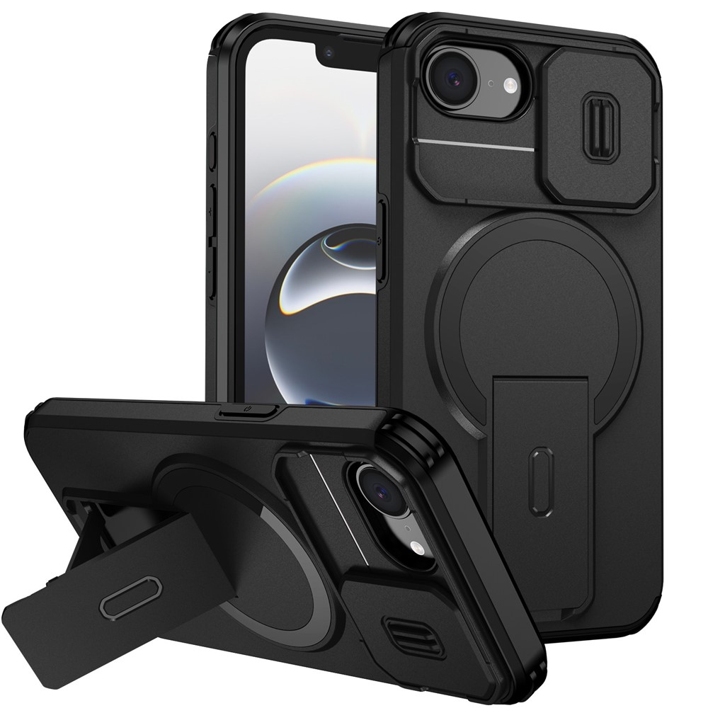 For iPhone 16e Case Kickstand Camera Slider PC + TPU Phone Cover Compatible with MagSafe - Black
