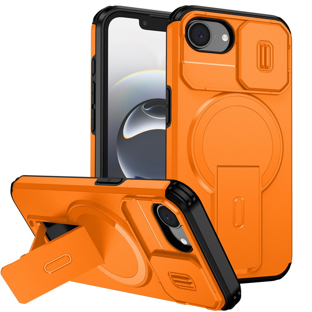 For iPhone 16e Case Kickstand Camera Slider PC + TPU Phone Cover Compatible with MagSafe - Orange