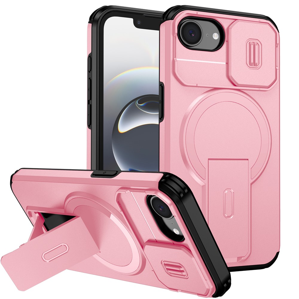 For iPhone 16e Case Kickstand Camera Slider PC + TPU Phone Cover Compatible with MagSafe - Pink