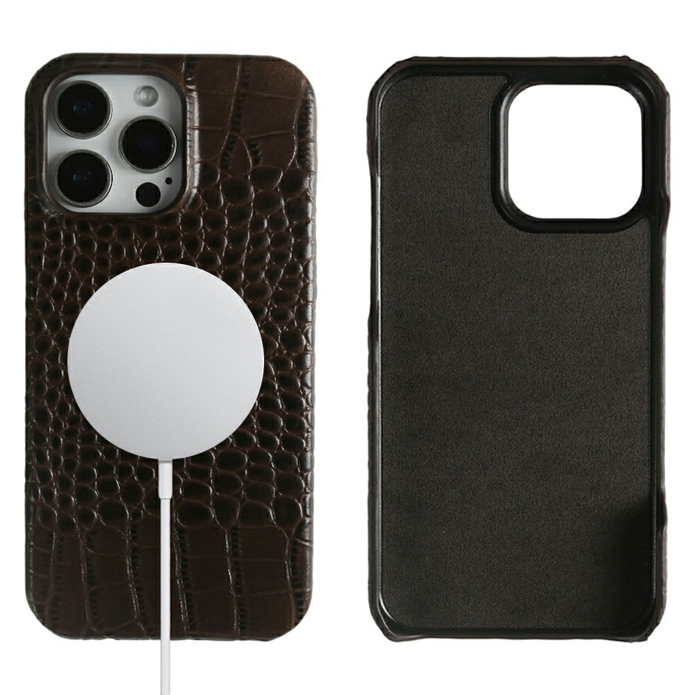 For iPhone 16 Pro Max Case Crocodile Texture Genuine Cow Leather Coated PC Phone Cover Compatible with MagSafe - Coffee