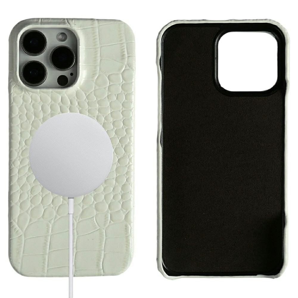 For iPhone 16 Pro Max Case Crocodile Texture Genuine Cow Leather Coated PC Phone Cover Compatible with MagSafe - White