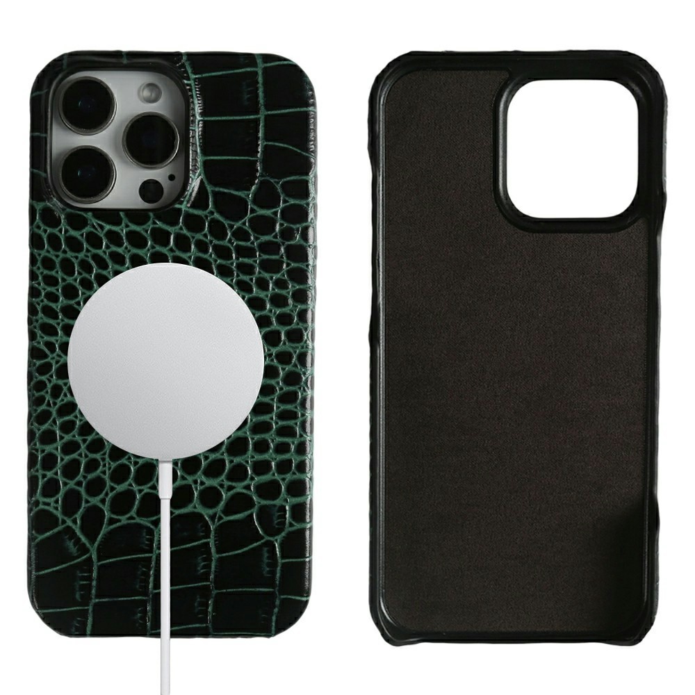 For iPhone 16 Pro Max Case Crocodile Texture Genuine Cow Leather Coated PC Phone Cover Compatible with MagSafe - Green