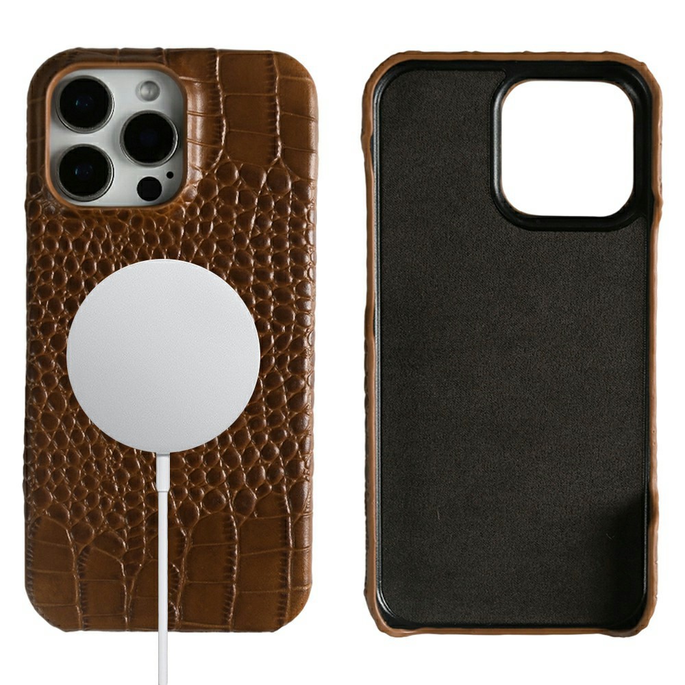 For iPhone 16 Pro Max Case Crocodile Texture Genuine Cow Leather Coated PC Phone Cover Compatible with MagSafe - Brown