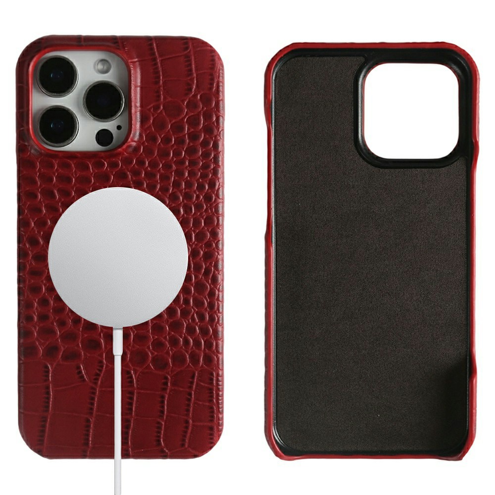 For iPhone 16 Pro Max Case Crocodile Texture Genuine Cow Leather Coated PC Phone Cover Compatible with MagSafe - Red