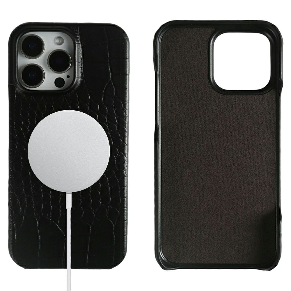 For iPhone 16 Pro Max Case Crocodile Texture Genuine Cow Leather Coated PC Phone Cover Compatible with MagSafe - Black