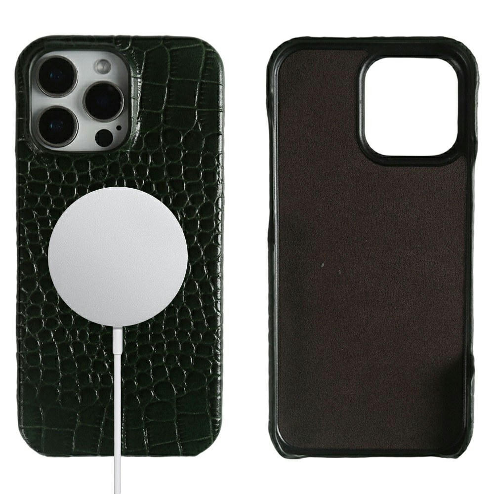 For iPhone 16 Pro Max Case Crocodile Texture Genuine Cow Leather Coated PC Phone Cover Compatible with MagSafe - Midnight Green