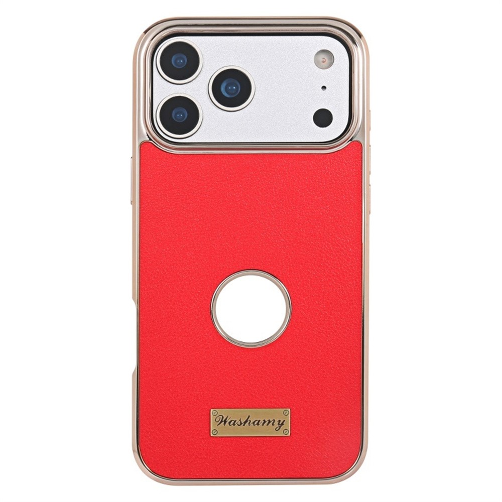 For iPhone 17 Pro Max Case Compatible with MagSafe Electroplated Leather Back Phone Cover with Hollow Logo Hole - Red
