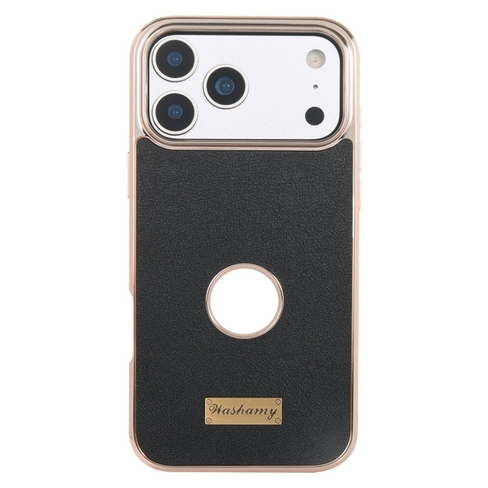 For iPhone 17 Pro Case Compatible with MagSafe Electroplated Leather Back Phone Cover with Hollow Logo Hole - Black