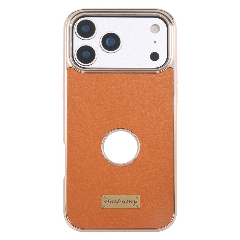 For iPhone 17 Pro Case Compatible with MagSafe Electroplated Leather Back Phone Cover with Hollow Logo Hole - Brown