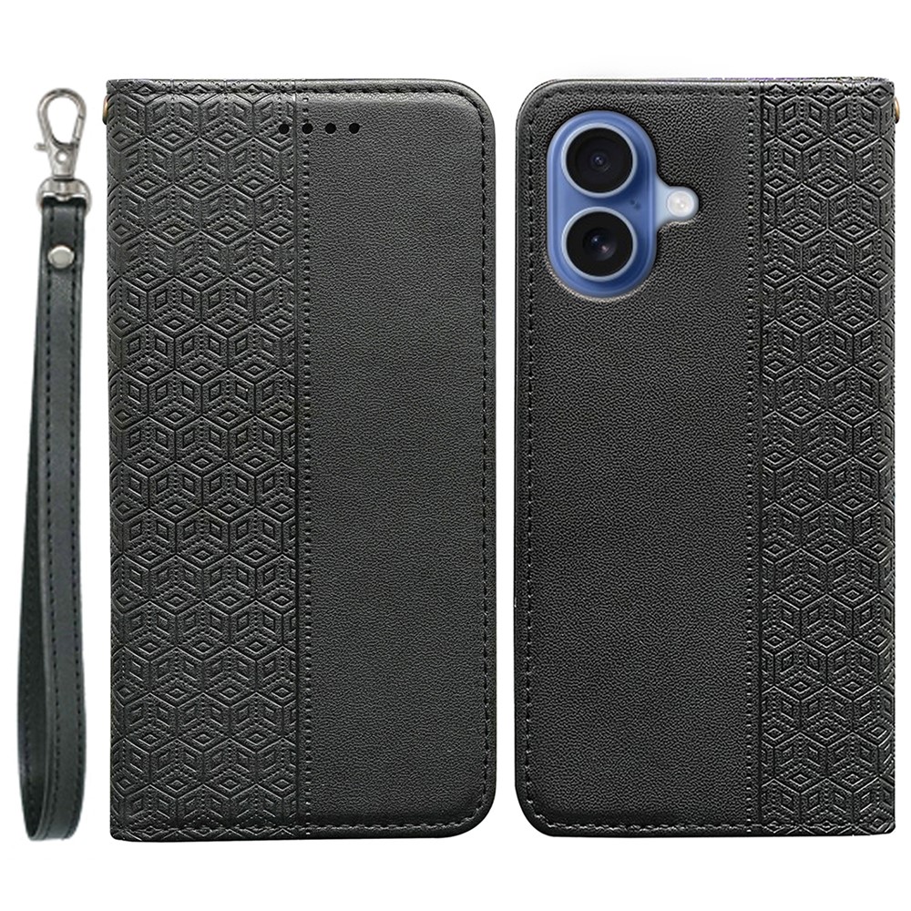 For iPhone 17 Wallet Phone Case Checkered Pattern Imprint Leather Flip Cover with Wrist Strap - Black