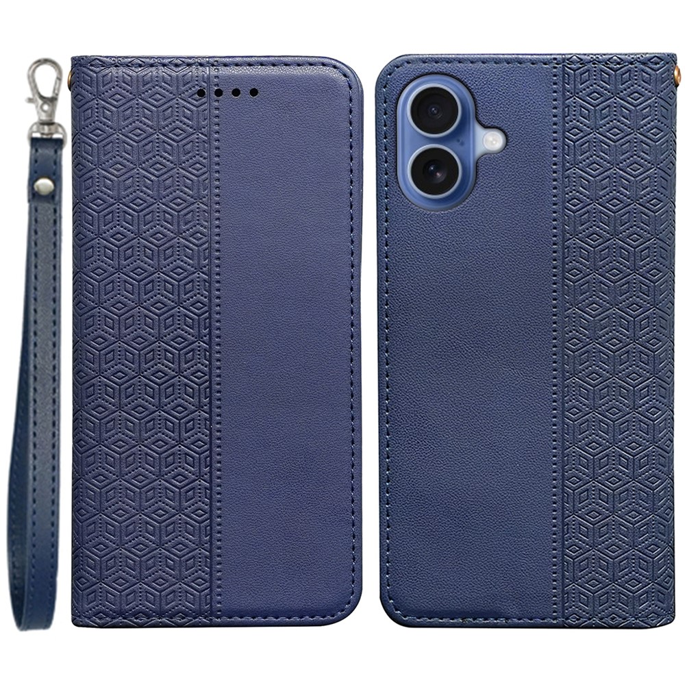 For iPhone 17 Wallet Phone Case Checkered Pattern Imprint Leather Flip Cover with Wrist Strap - Blue
