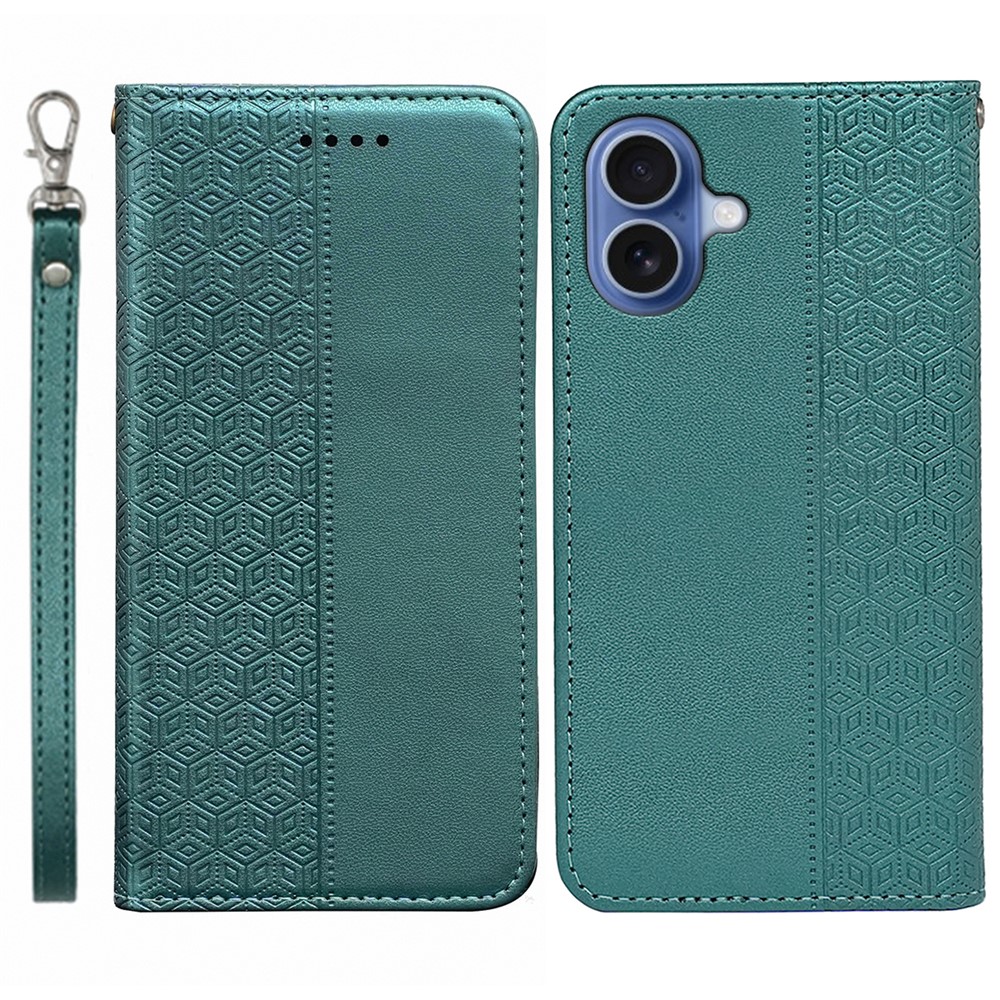 For iPhone 17 Wallet Phone Case Checkered Pattern Imprint Leather Flip Cover with Wrist Strap - Green