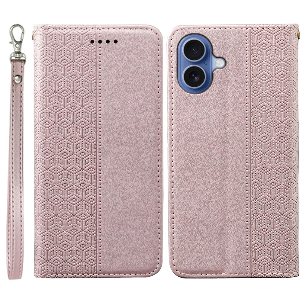 For iPhone 17 Wallet Phone Case Checkered Pattern Imprint Leather Flip Cover with Wrist Strap - Rose Gold