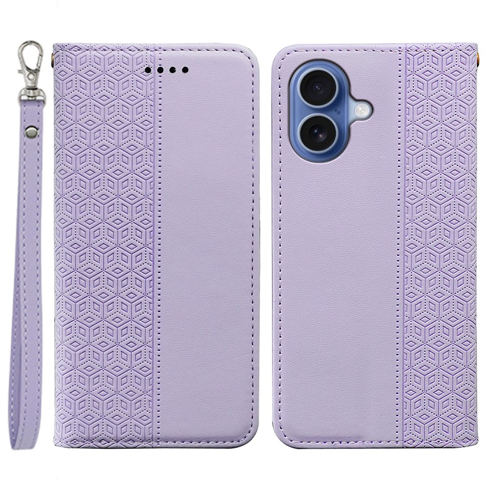 For iPhone 17 Wallet Phone Case Checkered Pattern Imprint Leather Flip Cover with Wrist Strap - Purple