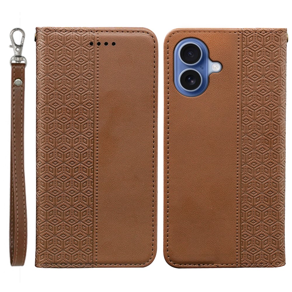 For iPhone 17 Wallet Phone Case Checkered Pattern Imprint Leather Flip Cover with Wrist Strap - Brown