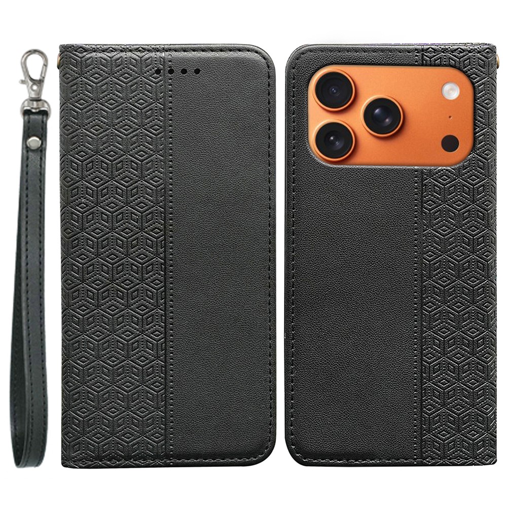 For iPhone 17 Pro Wallet Phone Case Checkered Pattern Imprint Leather Flip Cover with Wrist Strap - Black